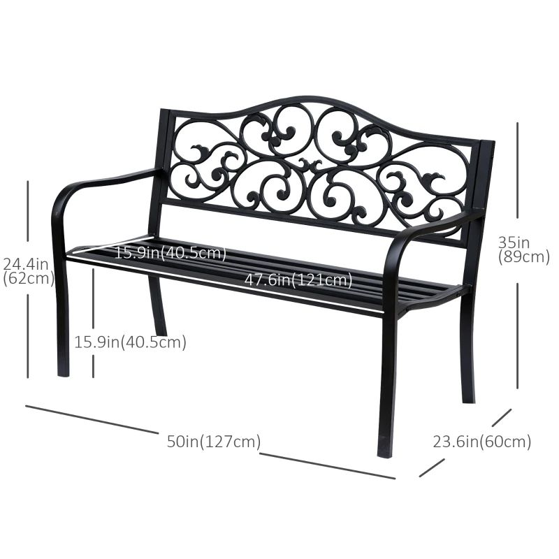 Outsunny Garden Bench Outdoor Loveseat with Vintage Floral Pattern Cast Metal, 50" x 23.6" x 35", Black