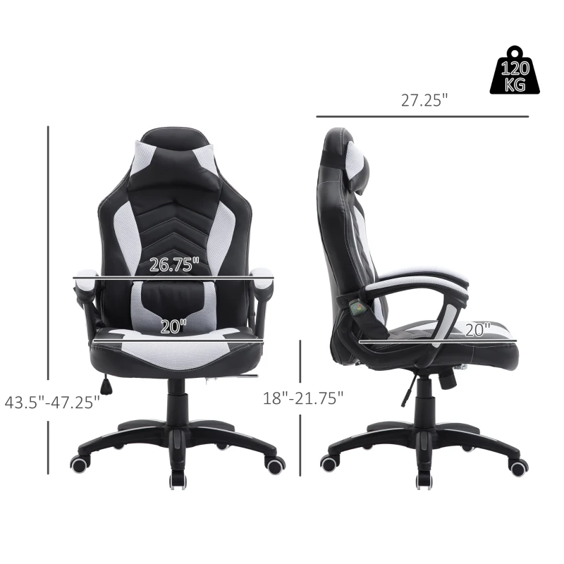 HOMCOM 6 Vibrating Point Massage Computer Gaming Chair 5 Modes, Racing Style Heated Desk Chair Swivel Rolling Chair with Headrest, White / Black
