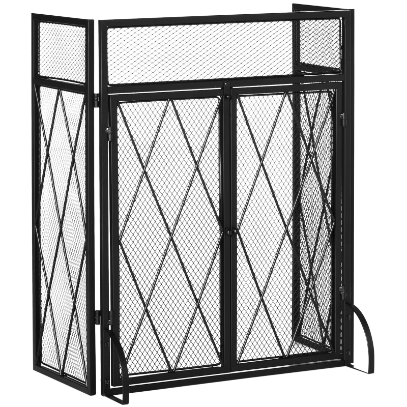 HOMCOM 3-Panel Folding Fireplace Screen for Wood Burning with Double Doors, Home Heavy Duty Steel Fire Spark Guard, 47.25" W x 31" H, Black