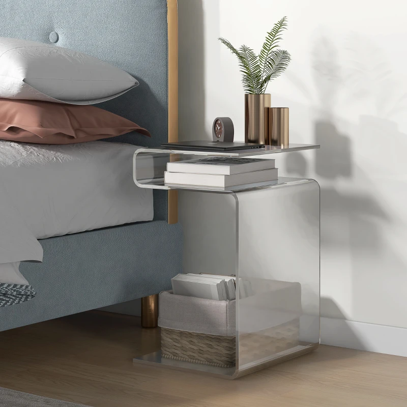 HOMCOM Modern Acrylic End Table, 2-Tier S-Shaped Side Table for Living Room, Small Spaces, 14.25" x 16.25" x 23", Clear