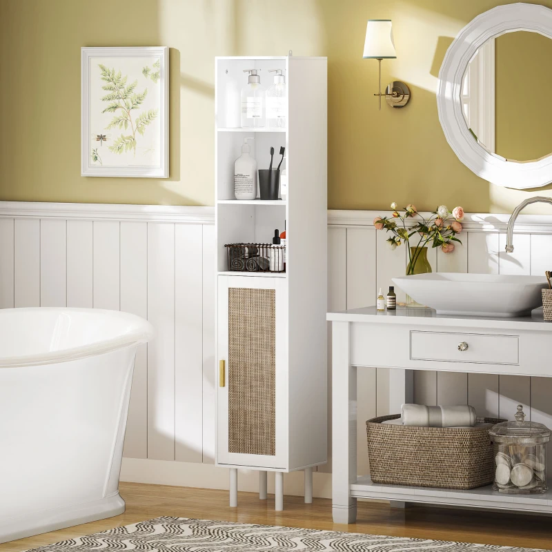 HOMCOM Tall Bathroom Cabinet with Rattan Doors, Freestanding Bathroom Storage Cabinet with Adjustable Shelves, White