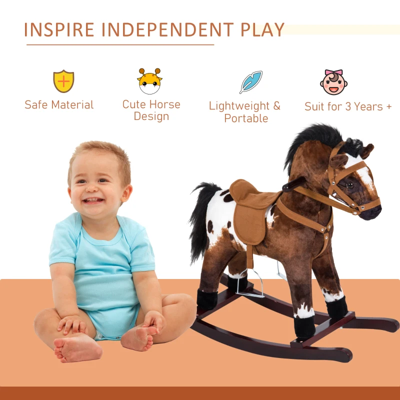 Qaba Kids Metal Plush Ride-On Rocking Horse Chair Toy With Realistic Sounds - Dark Brown/White