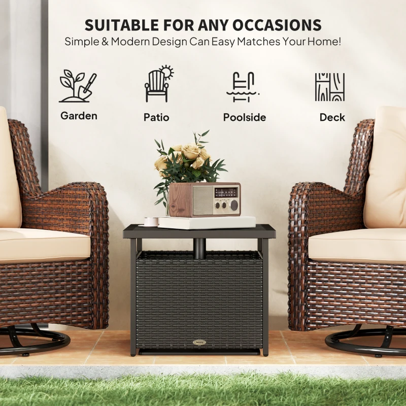 Outsunny 21.75" Outdoor Rattan Wicker Patio Coffee Table with Umbrella Hole, Patio Side Table with Slatted Metal Top, Black