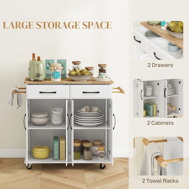 HOMCOM Kitchen Island on Wheels with Rubberwood Top, Rolling Kitchen Cart with 2 Drawers, 4 Doors and Adjustable Shelves