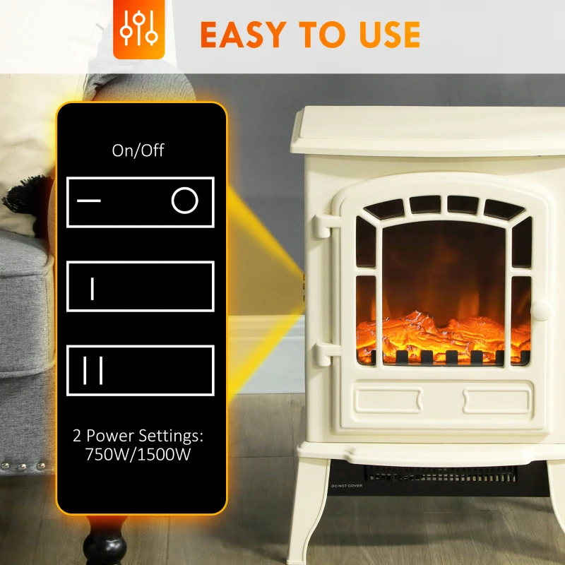 HOMCOM Electric Fireplace Heater, Freestanding Fireplace Stove with Realistic Flame Effect Overheat Protection 750W/1500W Beige