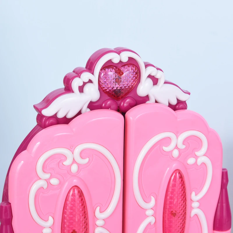 Qaba Children Dressing Table Set Girls Pretend Princess Vanity Table Chair with Music and Lightening Cosmetic Mirror Hair Dryer Nail Polish Necklace Bracelet