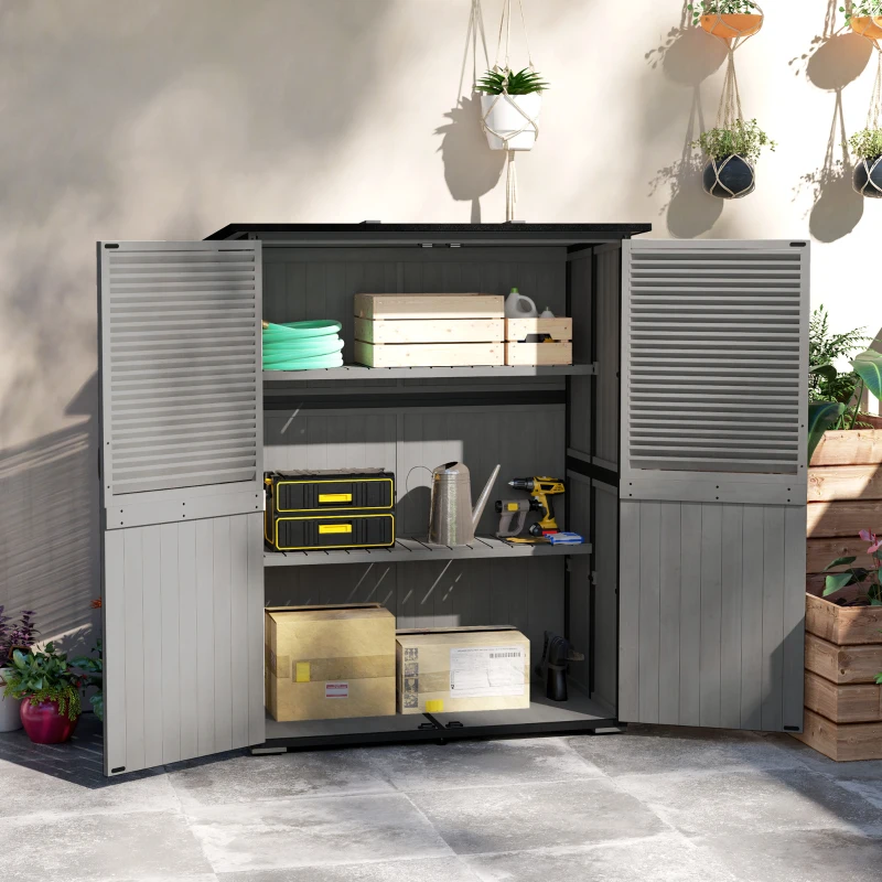 Outsunny Wood Storage Shed, Outdoor Garden Shed with Asphalt Roof, 2 Shelves, Lockable Doors and Adjustable Feet, Gray