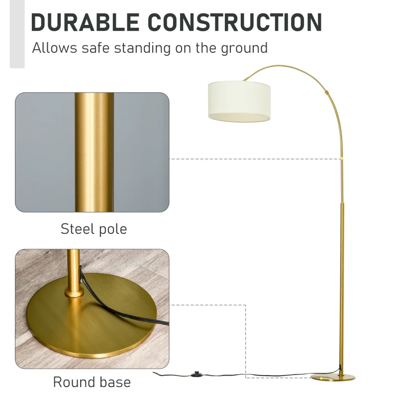 HOMCOM 6FT Arch Shape Floor Lamp with 180° Flexible Lampshade, Adjustable Pole, and Metal Round Base, Cream White