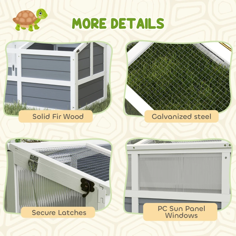 PawHut Wooden Tortoise Habitat Outdoor w/ Bottomless Design, Doors, PC Sun Panel Windows, for Small Animals, Rabbit, Light Gray
