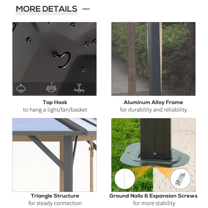 Outsunny 12' x 14' Hardtop Gazebo Canopy with Polycarbonate Roof, Aluminum Frame, Permanent Pavilion Outdoor Gazebo with Netting, for Patio, Garden, Backyard, Deck, Lawn, Gray, Brown