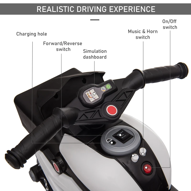 Aosom 6V Kids Motorcycle Toddler Ride-on Toy, High-Traction Battery-Operated Mini Electric Motorbike with Forward/Reverse Switch, Music, Headlights, Horn, White