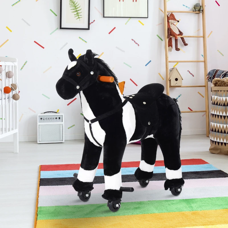 Qaba Kids Plush Ride On Toy Walking Horse with Wheels and Realistic Sounds, 30"H, Black