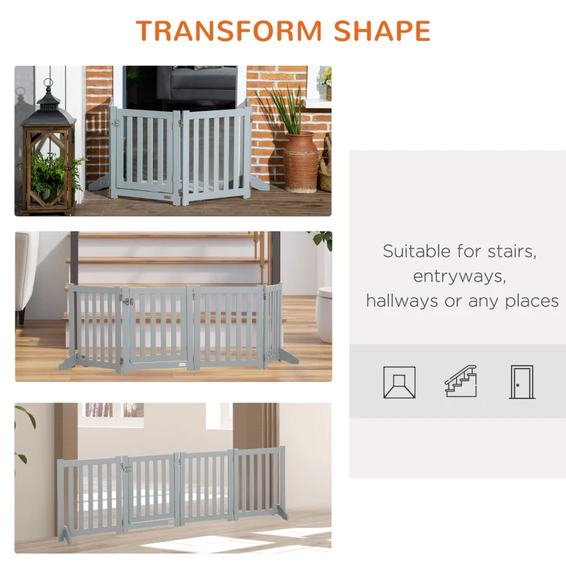 PawHut 23.5"H Foldable Dog Gate with Door, 4 Panels Freestanding Pet Gate Barriers Indoor with Support Feet, Puppy Fence for Small Dogs, Grey