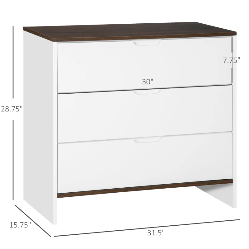 HOMCOM Chest of Drawers, 3 Drawer Dresser with Cut-out Handles, Drawers Unit with Storage for Living Room, White