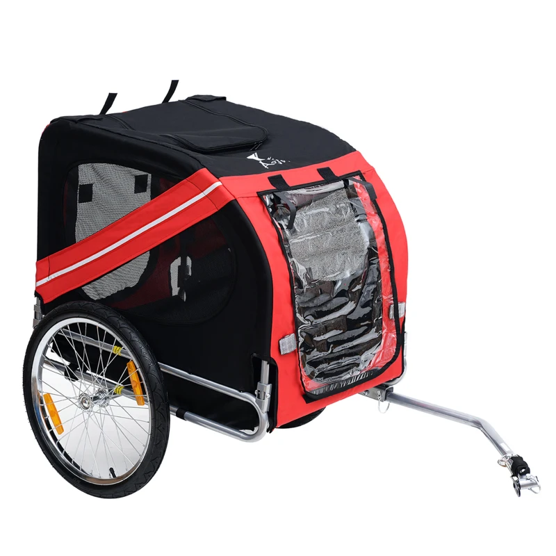 Aosom Dog Bike Trailer, Pet Wagon Bicycle Trailer with Easy Folding Cart Frame, 20" Large Rubber Wheels, 3 Entrances, Mesh Screen, Pet Bike Trailer for Off-Road & Travel, Red and Black(m-11)