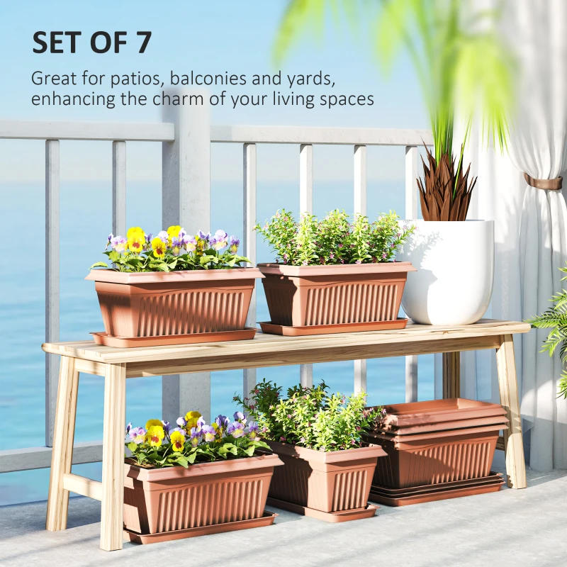 Outsunny 7 Pack 15.7" Plastic Flower Planters with Drainage Holes and Trays, Plant Pots for Indoor Outdoor Plants, Brown