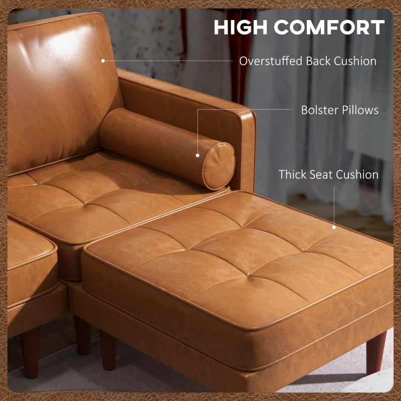 HOMCOM Faux Leather Sectional Sofa Couch L-Shaped Corner Sofa Set with Footstool and 2 Bolster Pillows, Brown