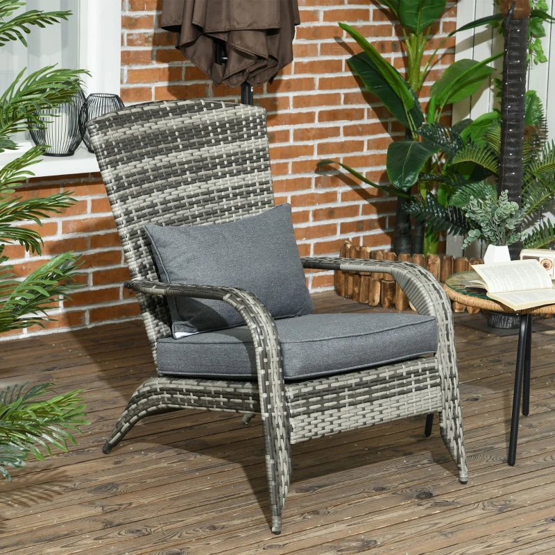 Outsunny Patio Wicker Adirondack Chair, Outdoor All-Weather Rattan Fire Pit Chair w/ Soft Cushions, Tall Curved Backrest and Comfortable Armrests for Deck or Garden, Mixed Gray/Gray