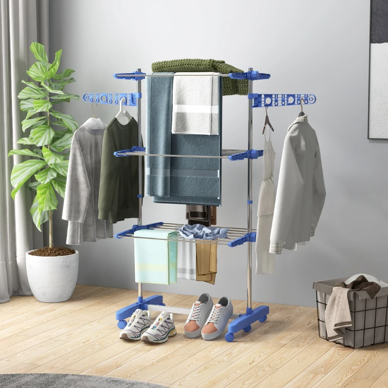 HOMCOM 3-Tier Foldable Clothes Drying Rack, Stainless Steel Laundry Rack with 2 Side Wings and 6 Castors, Collapsible Adjustable Clothes Airer for Indoor Outdoor, Blue