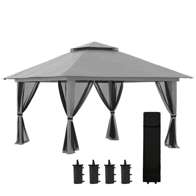 Outsunny 13' x 13' Pop Up Canopy, 2-Tier Roof Easy up Tent Shelter with Nettings Carry Bag Weight Bags for Garden, Patio, Grey