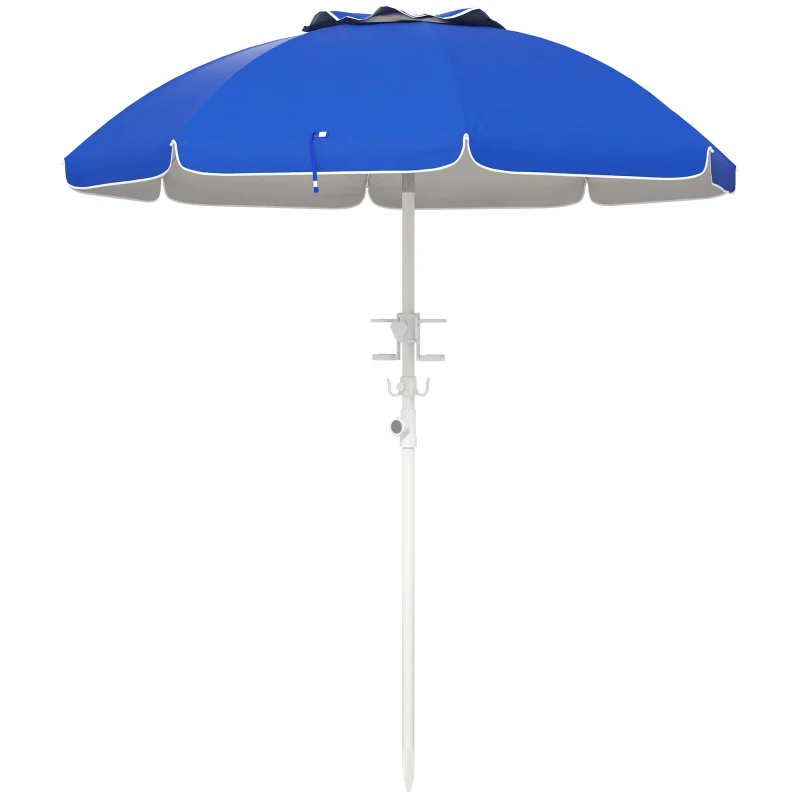 Outsunny 5.7' Beach Umbrella for Travel with Tilt, Adjustable Height, 2 Cup Holders, Hooks, Vent, Ruffles, Sapphire Blue