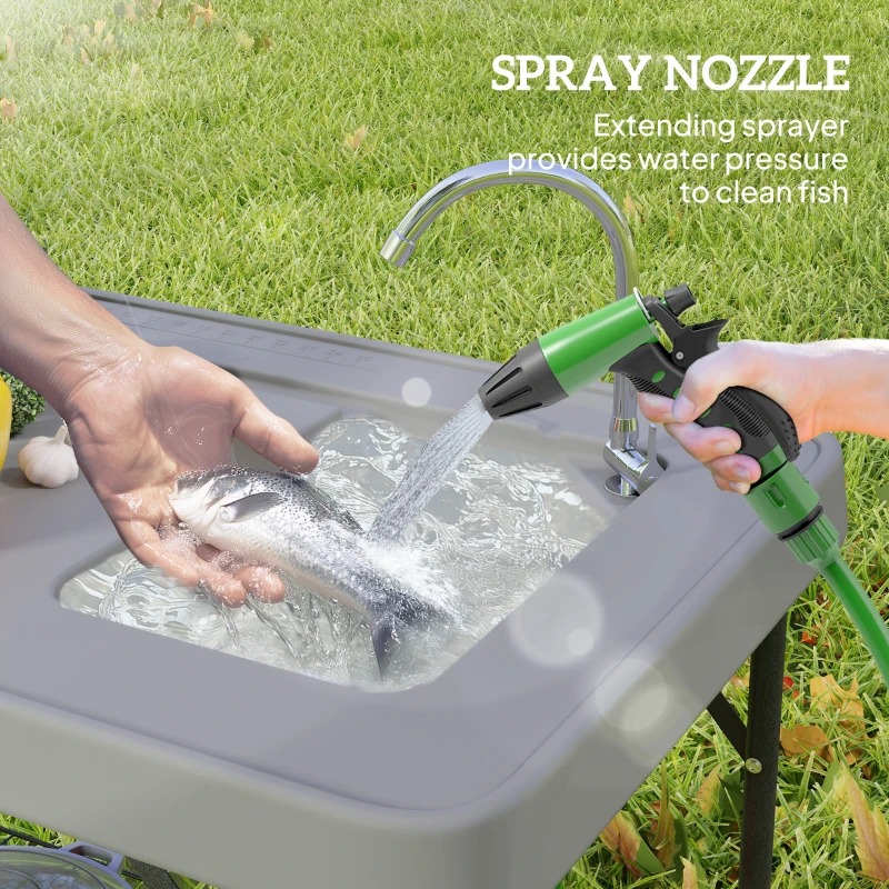 Outsunny Folding Fish Cleaning Table with Sink, Portable Camping Table with Faucet, Drainage Hose, Sprayer and Shelf, Gray