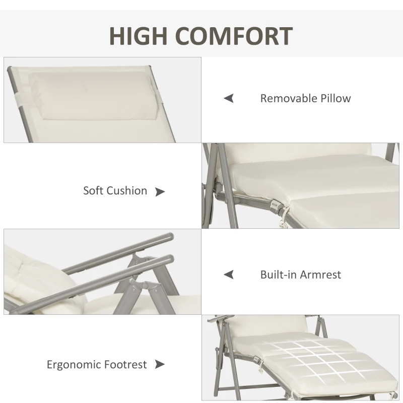 Outsunny Outdoor Folding Chaise Lounge Chair Recliner with Portable Design, Adjustable Backrest, Cushion and Headrest, Cream White