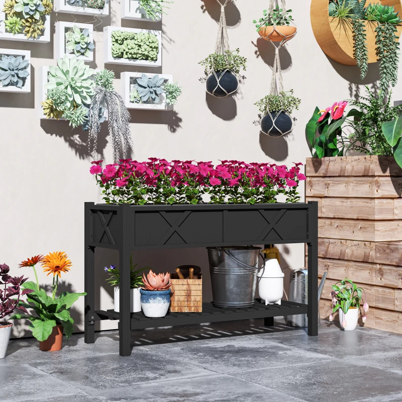 Outsunny Raised Garden Bed, 47 x 22 x 31.5 in. Elevated Wood Planter Box with Storage Shelf, Drainage Holes, and Liner, Black