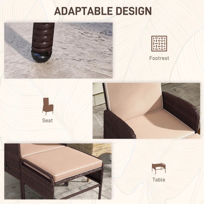 Outsunny 2 Pieces Patio Reclining Chair Set with Stool, Cushions, Outdoor Wicker Conversation Armchair Set, Brown