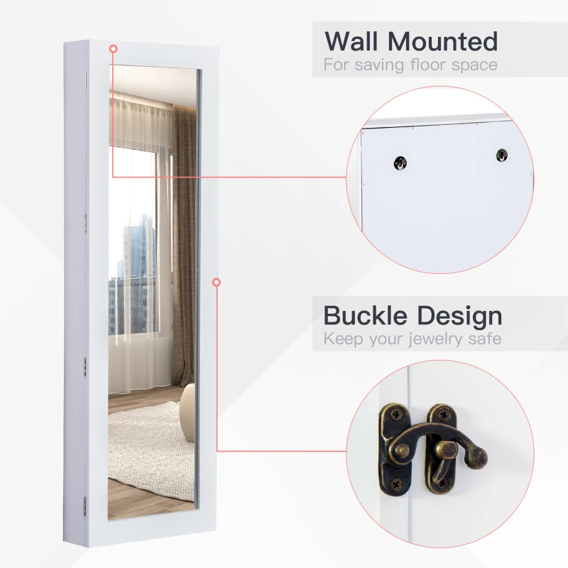 HOMCOM White Mirrored Jewellery Cabinet Hanging Wall Mount Real Glass Mirror Locked, White