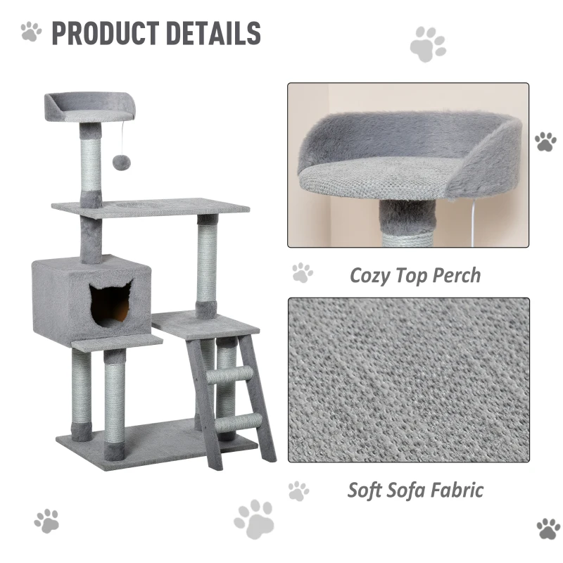 PawHut Cat Tree Activity Center w/ Jute Scratching Posts Ladder Dangling Ball Condo