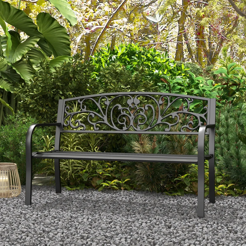 Outsunny 50" Outdoor Bench, Metal Garden Bench with Floral Pattern Backrest, Porch Bench with Slatted Seat for Park, Yard, Lawn, Black