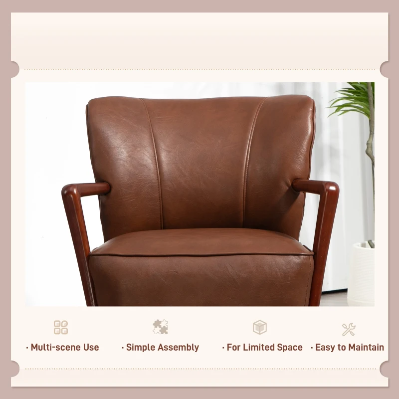 HOMCOM Accent Chair, Modern Armchair, Faux Leather Upholstered Living Room Chair with Wood Legs and Wide Padded Seat, Brown