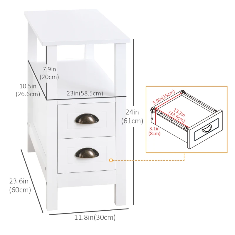 HOMCOM Slim End Table with 2 Drawers and Storage Shelf, Sofa Side Table for Living Room, Narrow Nightstand, White