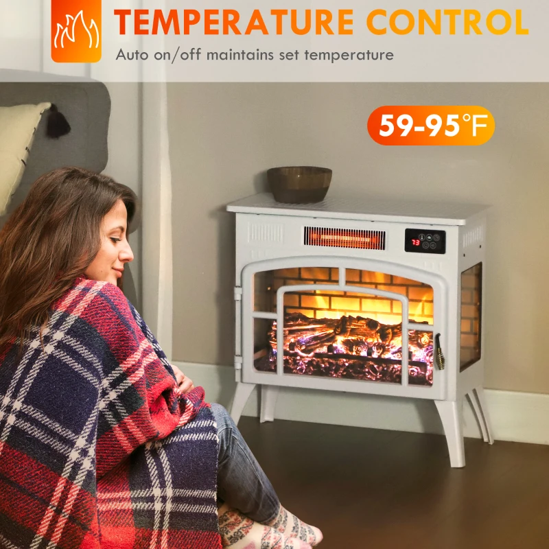HOMCOM Electric Fireplace Stove, Infrared Fireplace Heater with Realistic Flame & Adjustable Temperature, 1500W, White