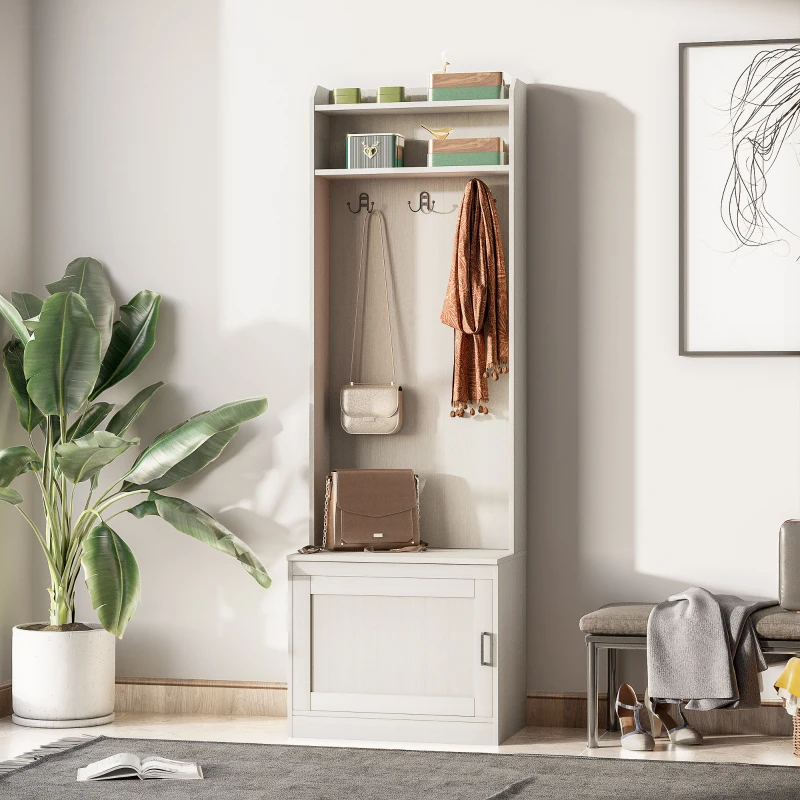 HOMCOM Narrow Hall Tree with Shoe Storage Bench, Rustic Entryway Bench with Coat Rack, Accent Coat Tree with Storage Shelves for Hallway, Mudroom, White Wood Grain
