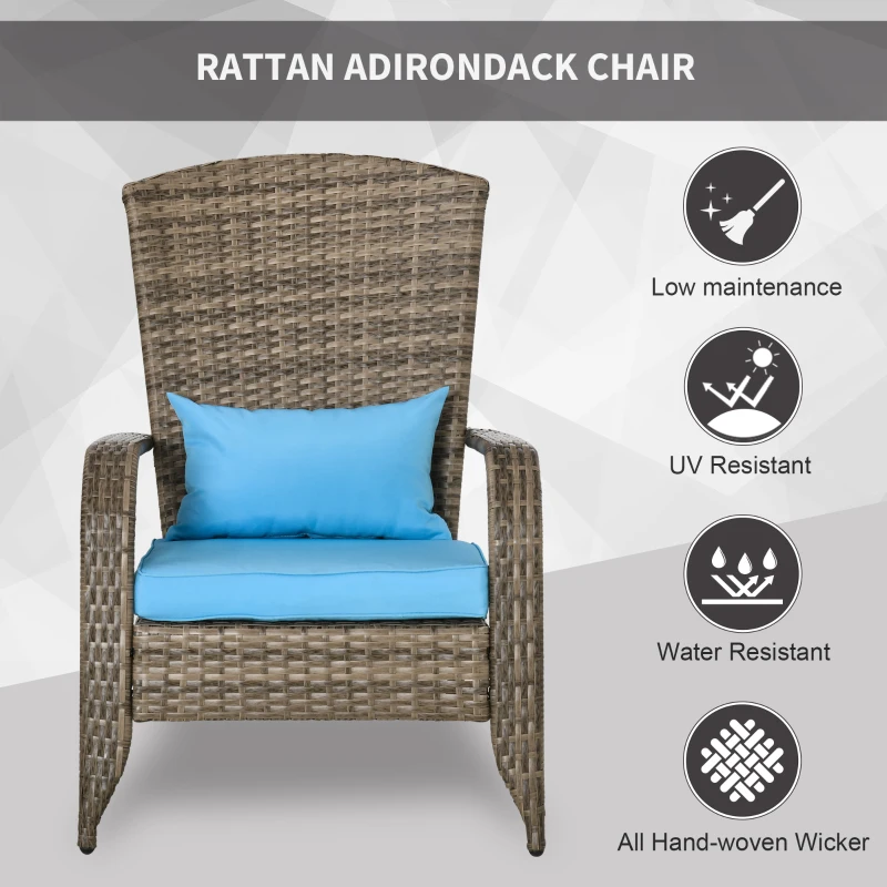 Outsunny Patio Wicker Adirondack Chair, Outdoor All-Weather Rattan Fire Pit Chair w/ Soft Cushions, Tall Curved Backrest and Comfortable Armrests for Deck or Garden, Mixed Tan/Sky Blue