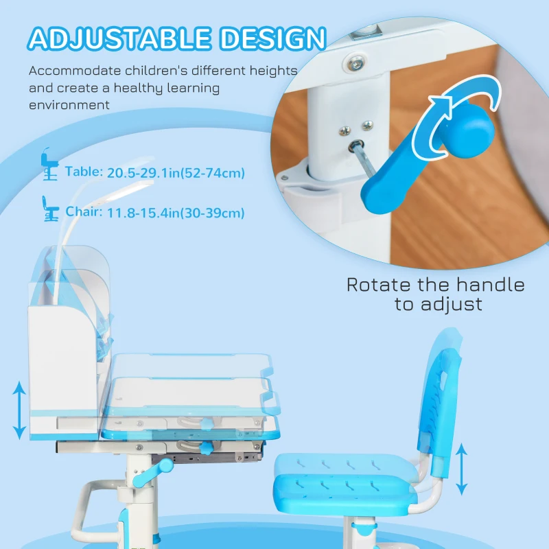 Qaba Kids Desk and Chair Set with Easy Rotation Handle, Height Adjustable Study Table and Chair Set with LED Lamp, Bookshelf, Drawer, Reading Board, Pen Slot, Hook, Blue