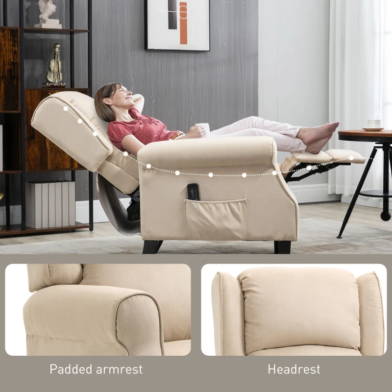 HOMCOM Massage Recliner Chair for Living Room, Push Back Recliner Sofa, Suede Wingback Reclining Chair with Extendable Footrest, Wood Legs, Remote Control, Side Pockets, Beige