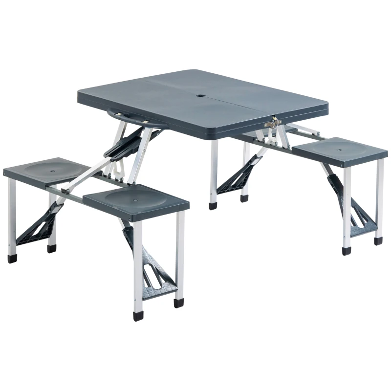 Outsunny Portable Foldable Camping Picnic Table with Seats Chairs and Umbrella Hole, Fold Up Travel Picnic Table, Grey