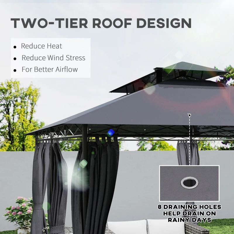 Outsunny 10' x 13' Outdoor Gazebo with Curtains and Solar-Powered LED Lights, Double Roof Patio Gazebo Canopy Shelter