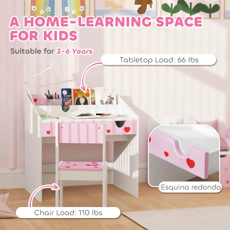 Qaba Kids Study Desk with Storage, Kids Desk and Chair Set for Bedroom & Study Room, Aged 3-6 Years, Pink