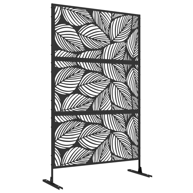 Outsunny 6.5FT Decorative Outdoor Divider, Metal Privacy Screen with Stand, Leaf Style, Black