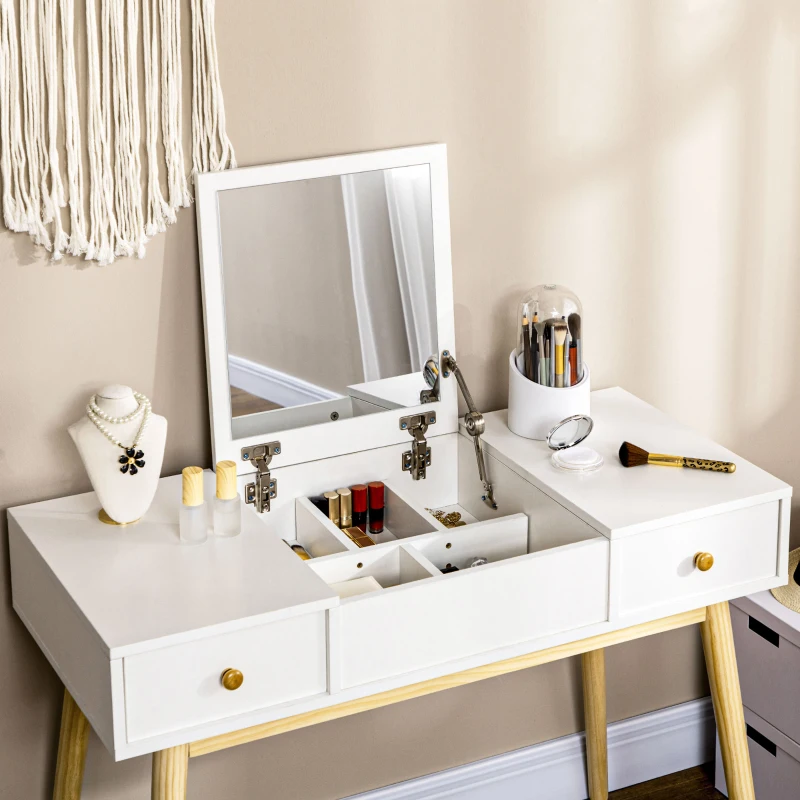 HOMCOM Makeup Vanity Desk with Flip Top Mirror and Cushioned Stool, Dressing Table Writing Desk with 2 Drawers and Storage Grids for Bedroom (White)