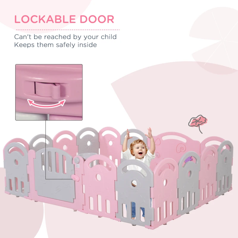 Qaba Baby Enclosure, 16 Panels Baby Playpen Baby Play Yard, Indoor & Outdoor Kids Activity Center, Pink
