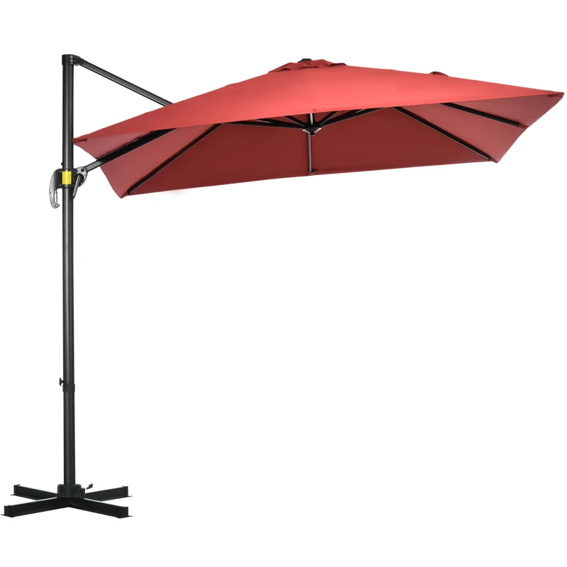 Outsunny 8' x 8' Square Patio Hanging Offset Umbrella with 360° Rotation, Aluminum Outdoor Cantilever Parasol with Crank & Tilt, Sun Canopy Shelter with Cross Base, Wine Red