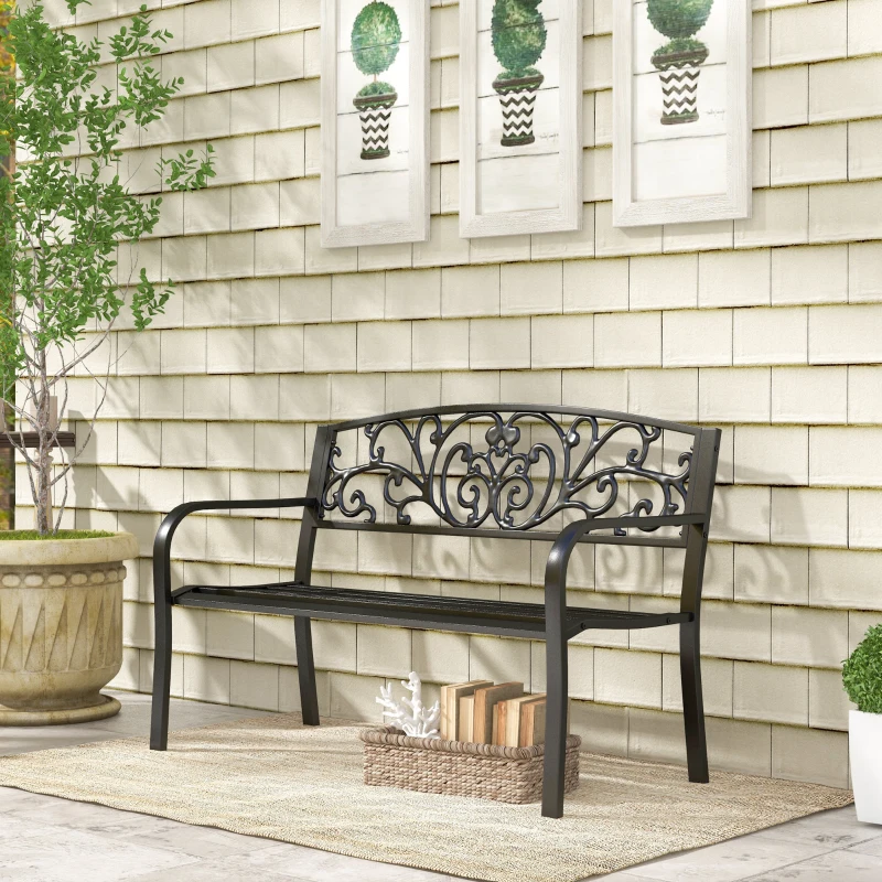 Outsunny 50" Outdoor Bench, Metal Garden Bench with Floral Pattern Backrest, Porch Bench with Slatted Seat for Park, Yard, Lawn, Black