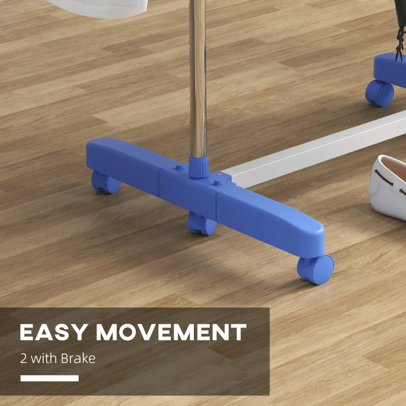 HOMCOM 3-Tier Foldable Clothes Drying Rack, Stainless Steel Laundry Rack with 2 Side Wings and 6 Castors, Collapsible Adjustable Clothes Airer for Indoor Outdoor, Blue