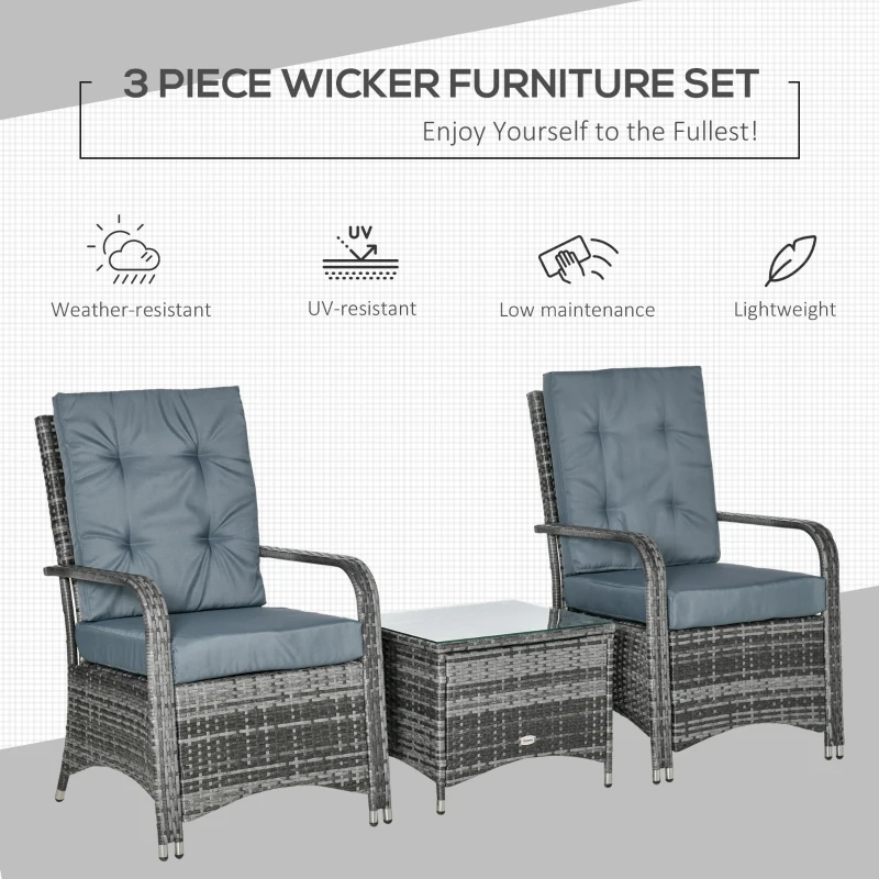 Outsunny 3 Piece Outdoor PE Rattan Patio Furniture Set Bistro Set w/ Cover, Tempered Glass Tabletop for Balcony, Pool, Grey