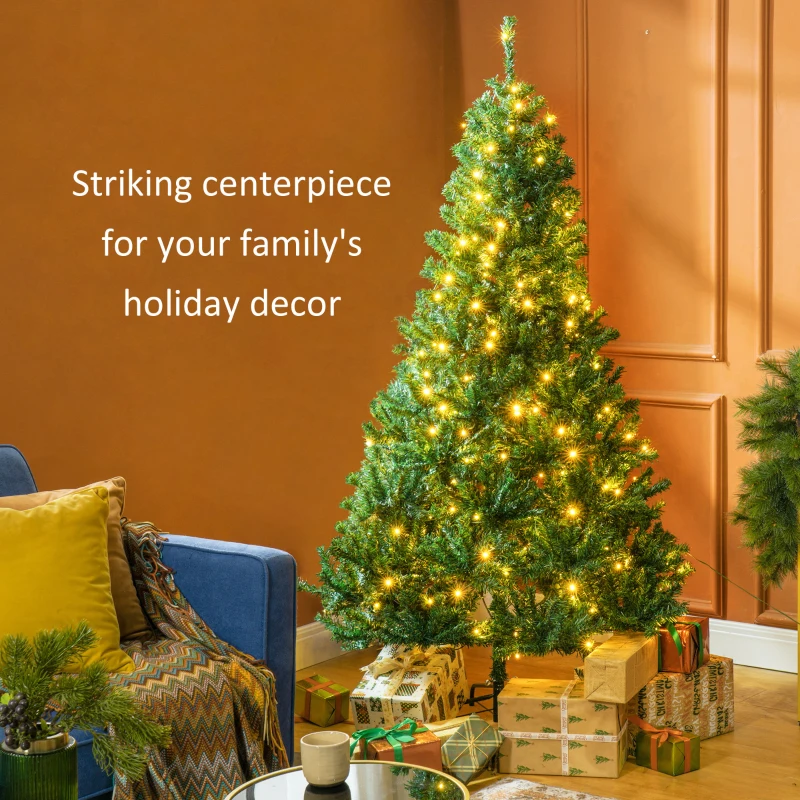 HOMCOM 6 FT Tall PreLit Artificial Christmas Tree with Realistic Branches, 250 Warm White LED Lights and 1000 Tips, Green